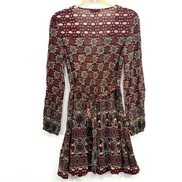 Patrons of Peace Brown Burgundy Medallion Floral Autumn Boho Mini Wrap Dress NEW - Picture 6 of 16